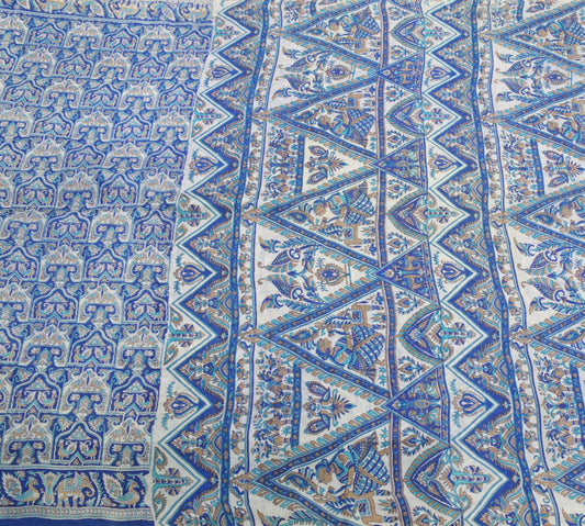 Sushila Vintage Blue Scrap Saree Pure Silk Printed Animal Bird Sari Craft Fabric