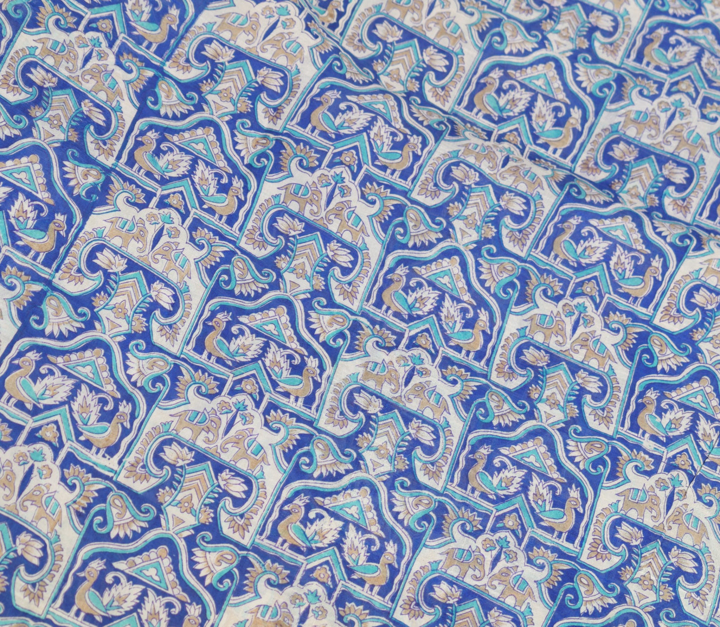 Sushila Vintage Blue Scrap Saree Pure Silk Printed Animal Bird Sari Craft Fabric