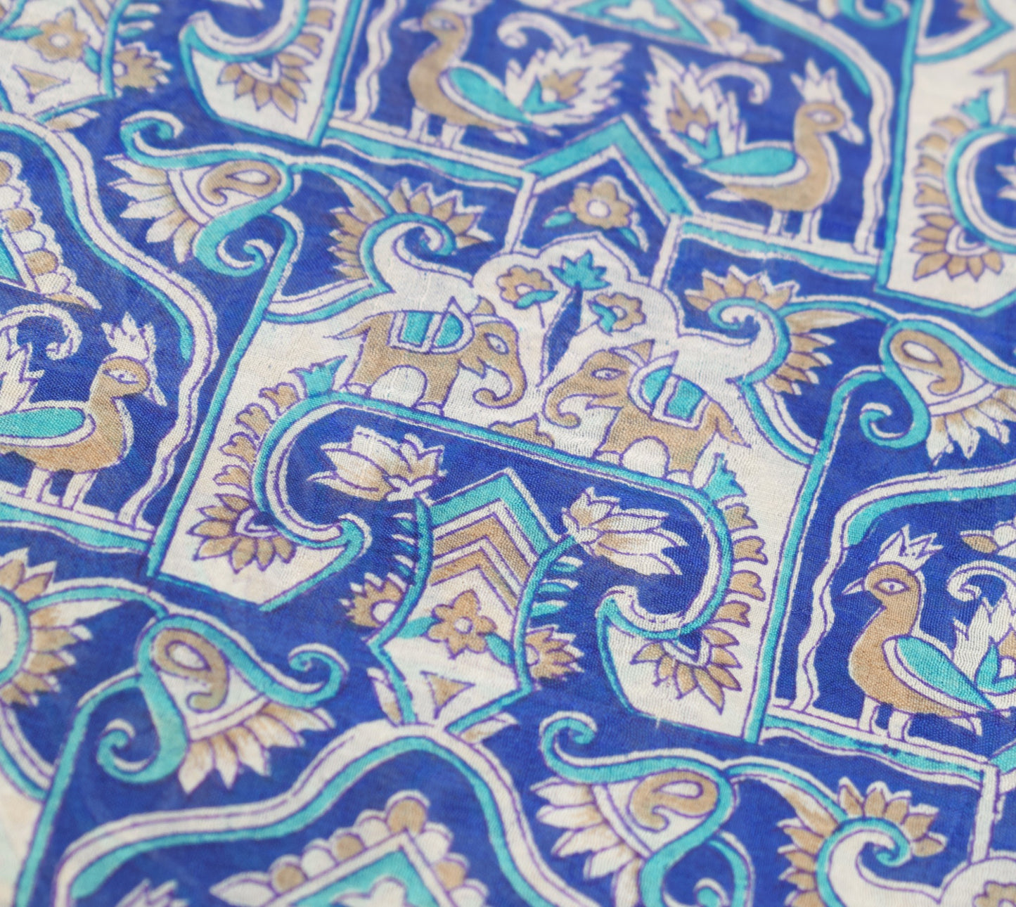 Sushila Vintage Blue Scrap Saree Pure Silk Printed Animal Bird Sari Craft Fabric