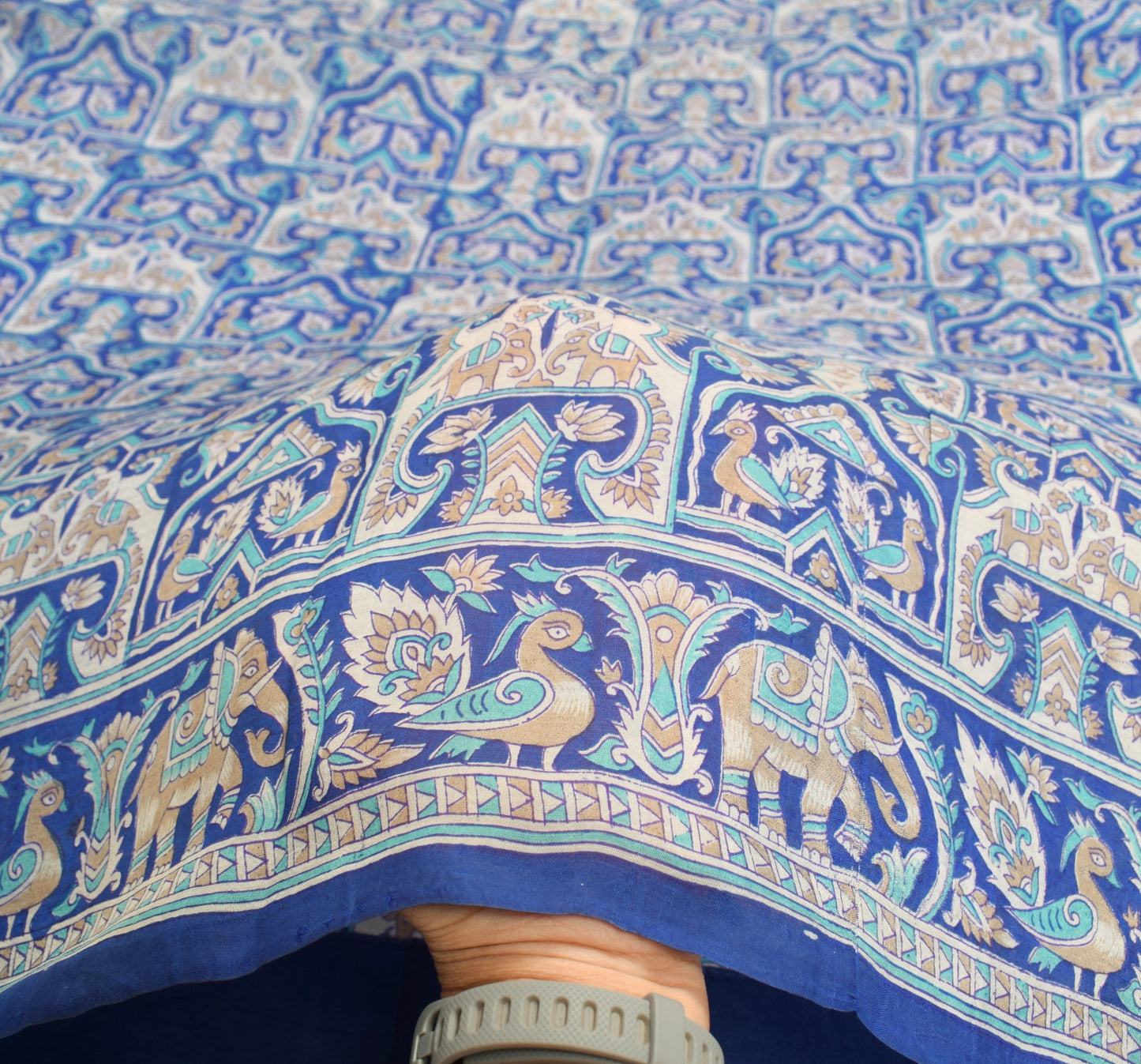 Sushila Vintage Blue Scrap Saree Pure Silk Printed Animal Bird Sari Craft Fabric