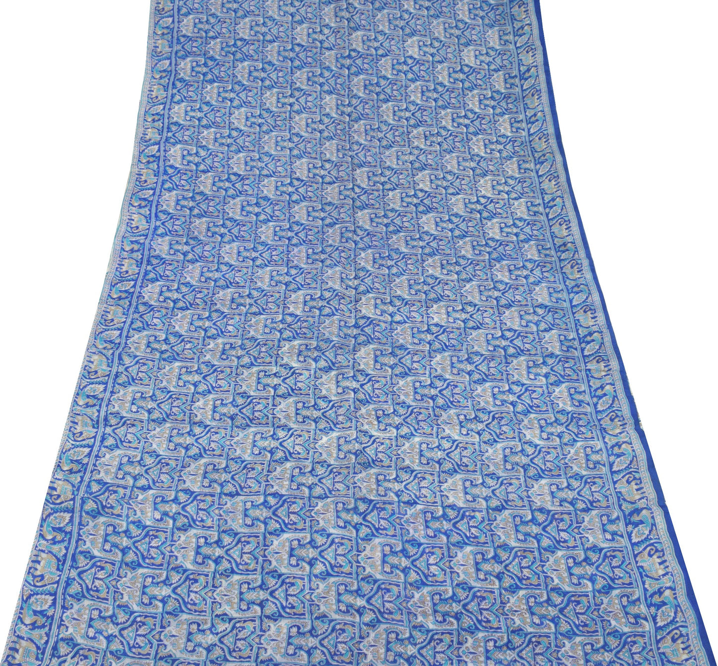 Sushila Vintage Blue Scrap Saree Pure Silk Printed Animal Bird Sari Craft Fabric