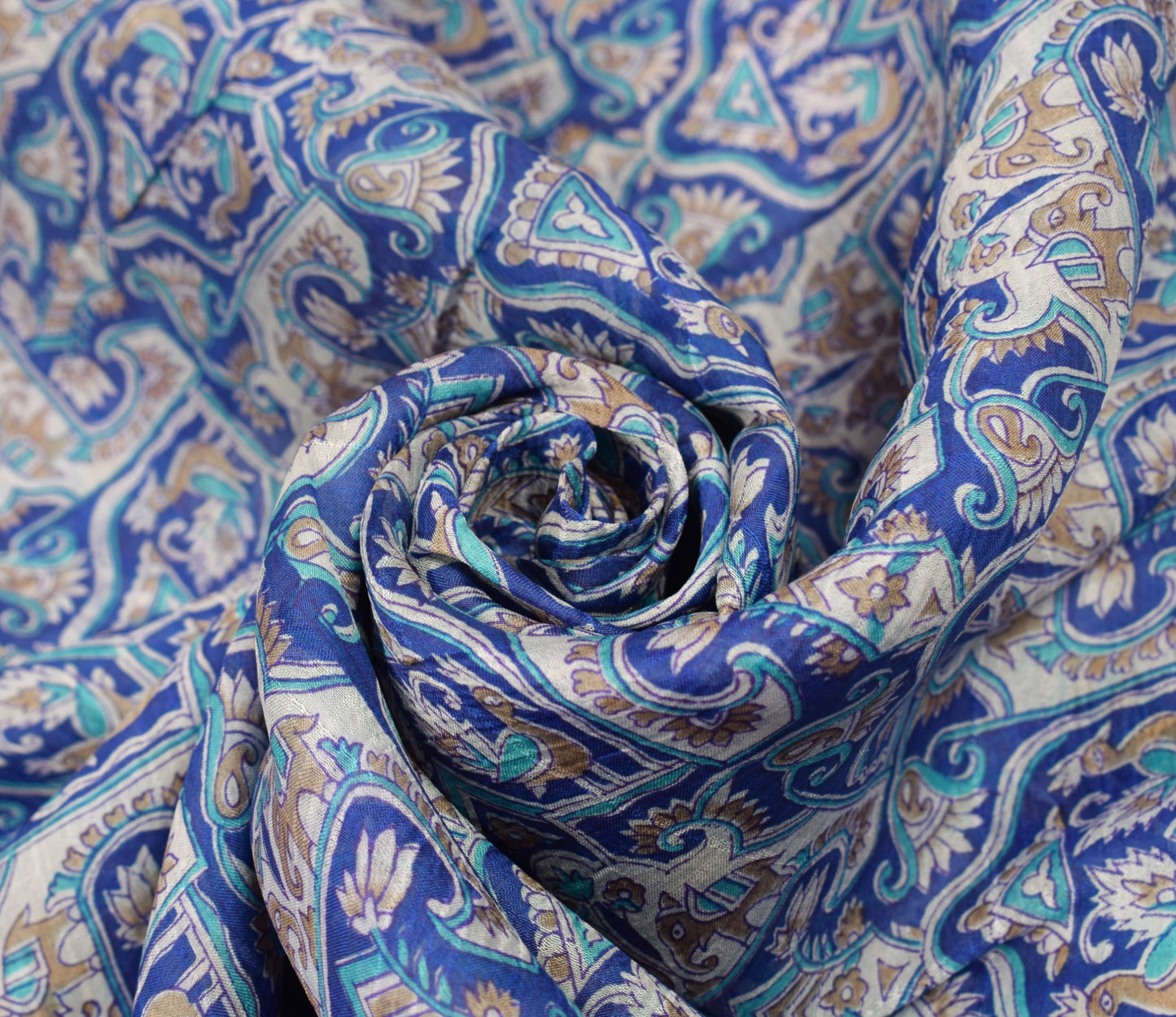 Sushila Vintage Blue Scrap Saree Pure Silk Printed Animal Bird Sari Craft Fabric