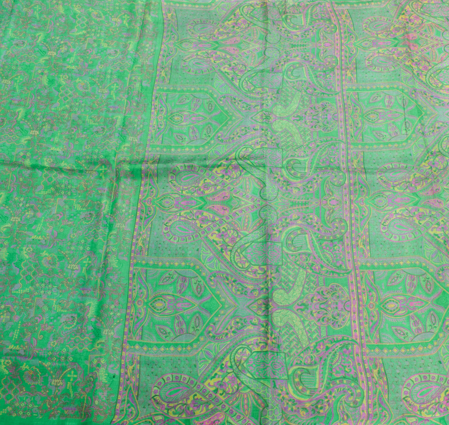 Sushila Vintage Dark Green Scrap Saree 100% Pure Silk Printed Floral Sari Fabric