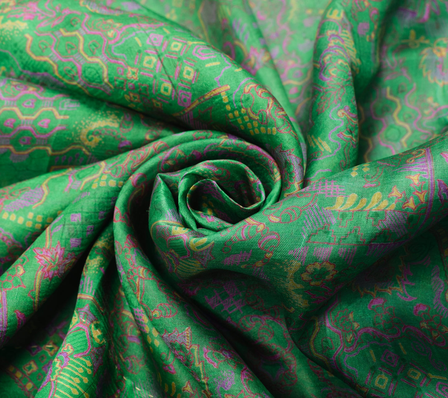Sushila Vintage Dark Green Scrap Saree 100% Pure Silk Printed Floral Sari Fabric