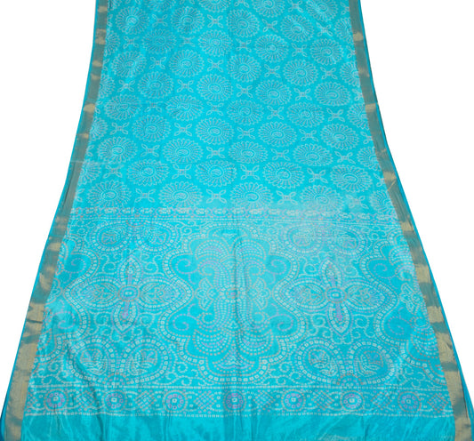 Sushila Vintage AquaBlue Scrap Saree Art Silk Bandhani Printed Sari Craft Fabric