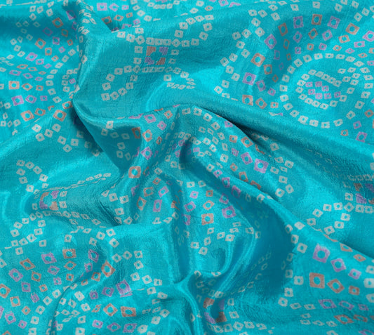 Sushila Vintage AquaBlue Scrap Saree Art Silk Bandhani Printed Sari Craft Fabric