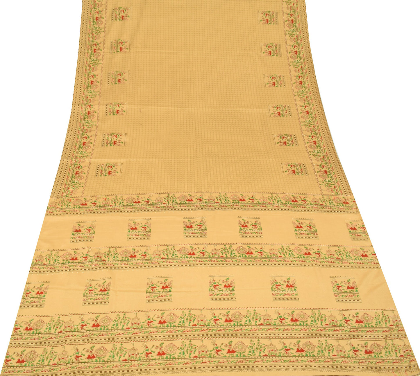 Sushila Vintage Brown Scrap Saree Art Silk Human Printed Soft Sari Craft Fabric
