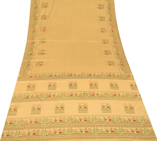 Sushila Vintage Brown Scrap Saree Art Silk Human Printed Soft Sari Craft Fabric