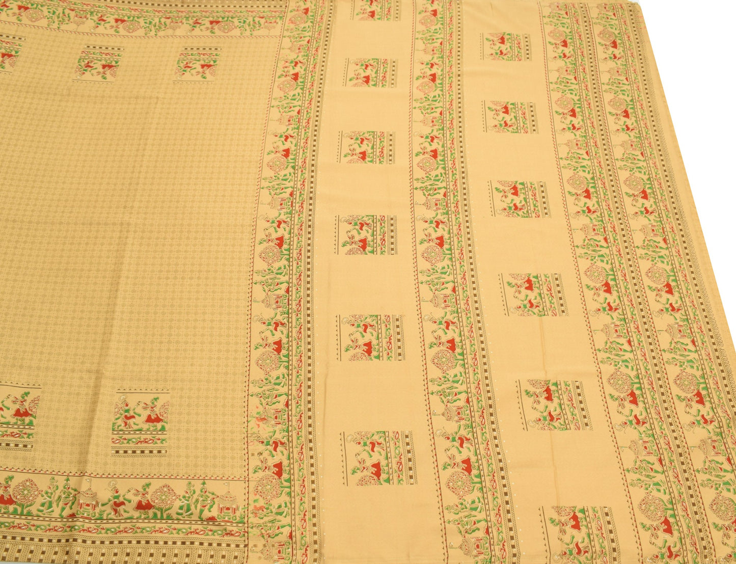 Sushila Vintage Brown Scrap Saree Art Silk Human Printed Soft Sari Craft Fabric