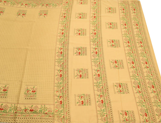 Sushila Vintage Brown Scrap Saree Art Silk Human Printed Soft Sari Craft Fabric