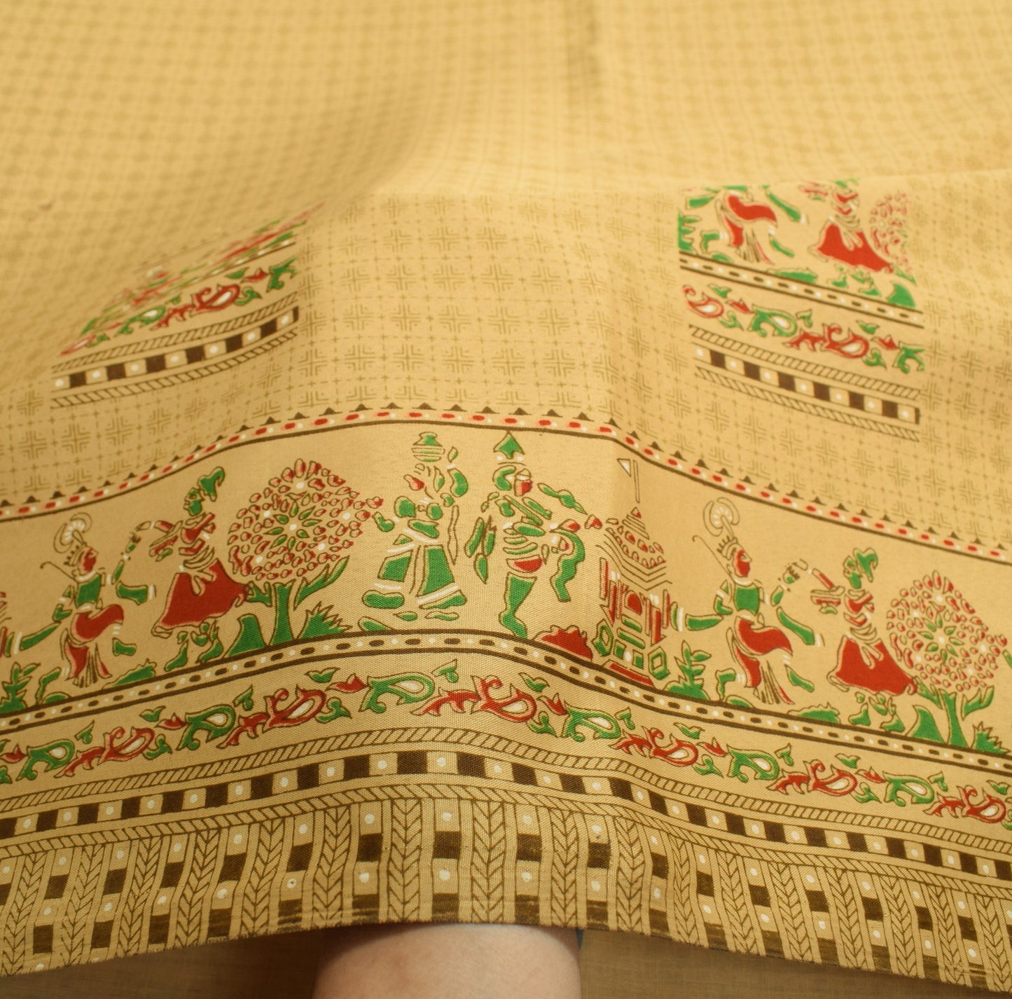 Sushila Vintage Brown Scrap Saree Art Silk Human Printed Soft Sari Craft Fabric