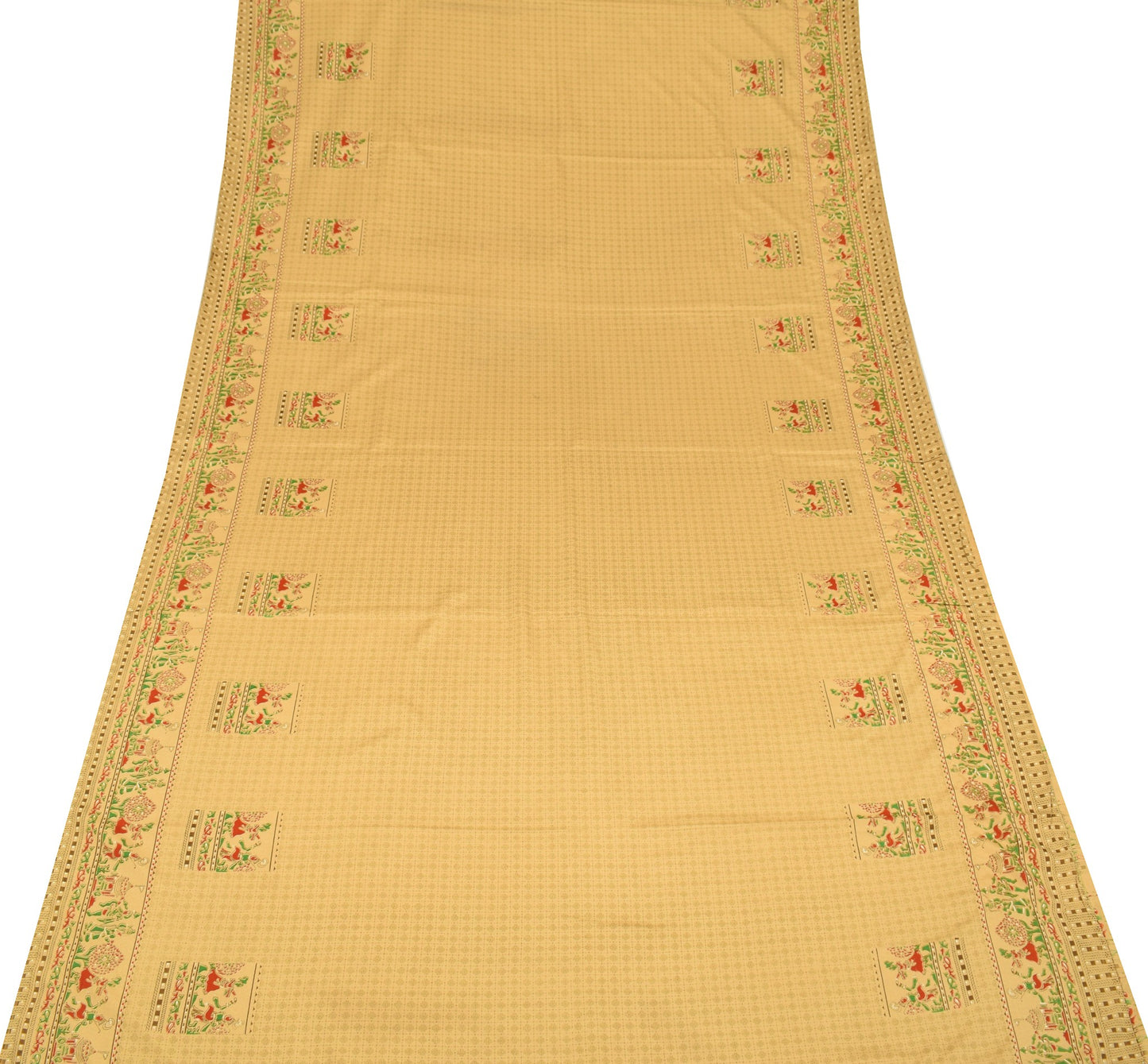 Sushila Vintage Brown Scrap Saree Art Silk Human Printed Soft Sari Craft Fabric