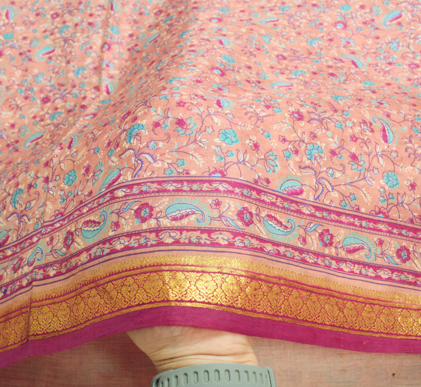 Sushila Vintage Brown Scrap Saree Pure Silk Print Floral Soft Sari Craft Fabric