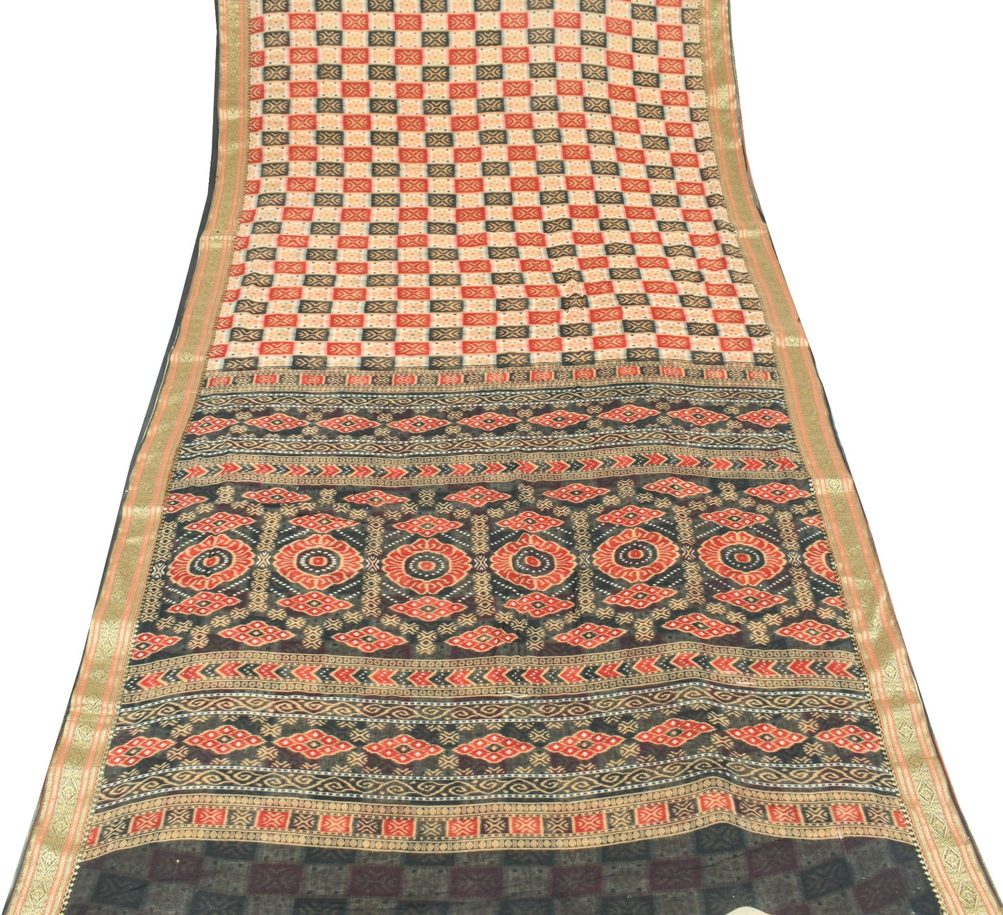 Sushila Vintage Scrap Saree Pure Cotton Check Printed Woven Border Sari Fabric