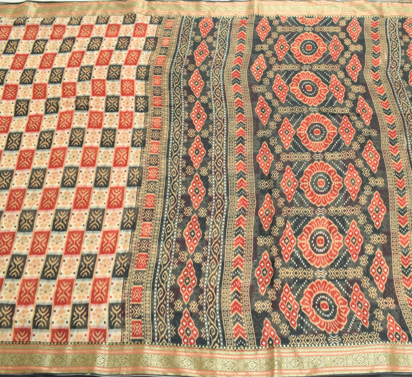 Sushila Vintage Scrap Saree Pure Cotton Check Printed Woven Border Sari Fabric