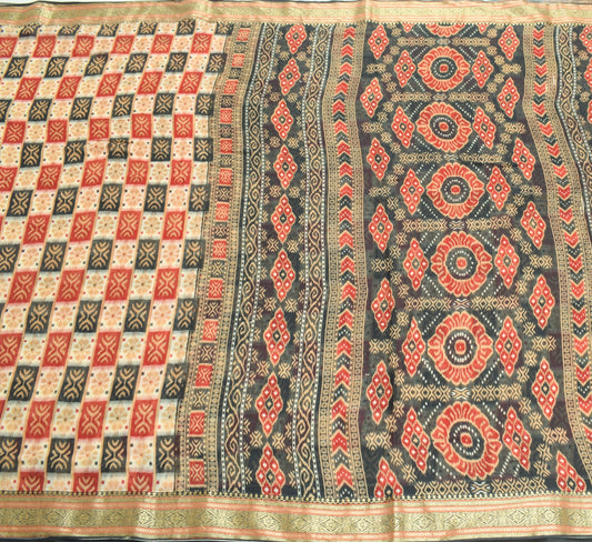 Sushila Vintage Scrap Saree Pure Cotton Check Printed Woven Border Sari Fabric