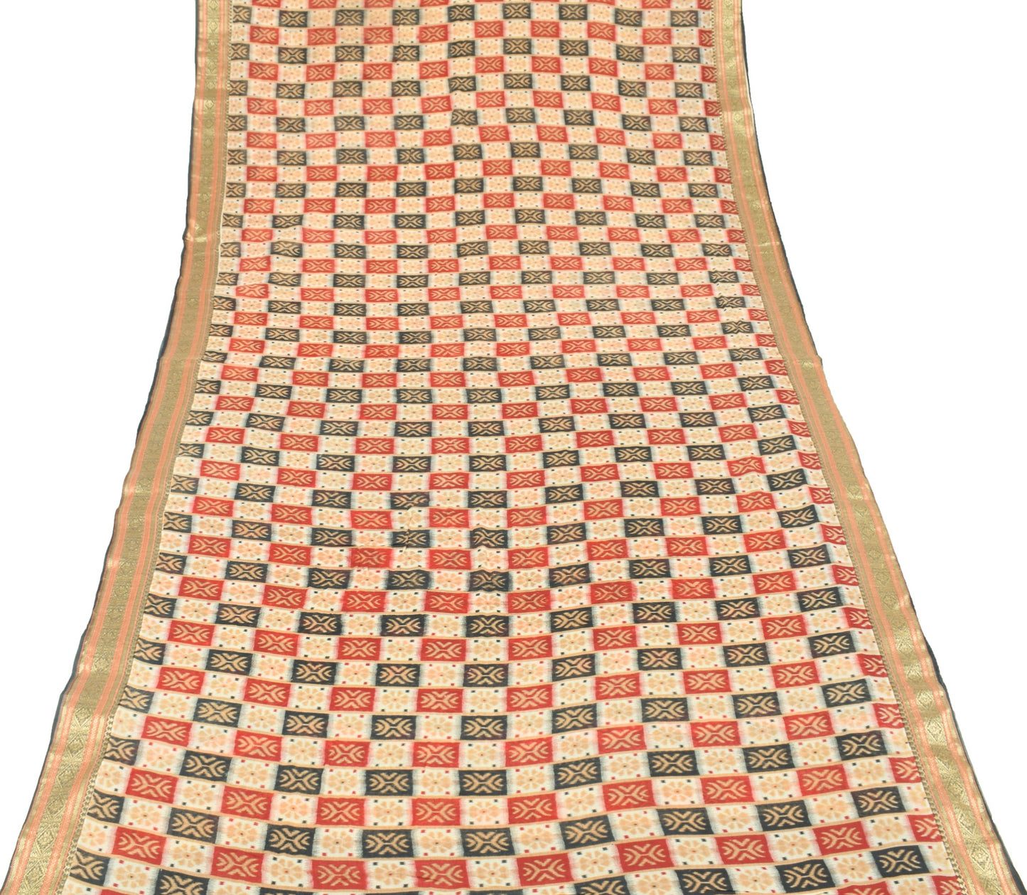 Sushila Vintage Scrap Saree Pure Cotton Check Printed Woven Border Sari Fabric