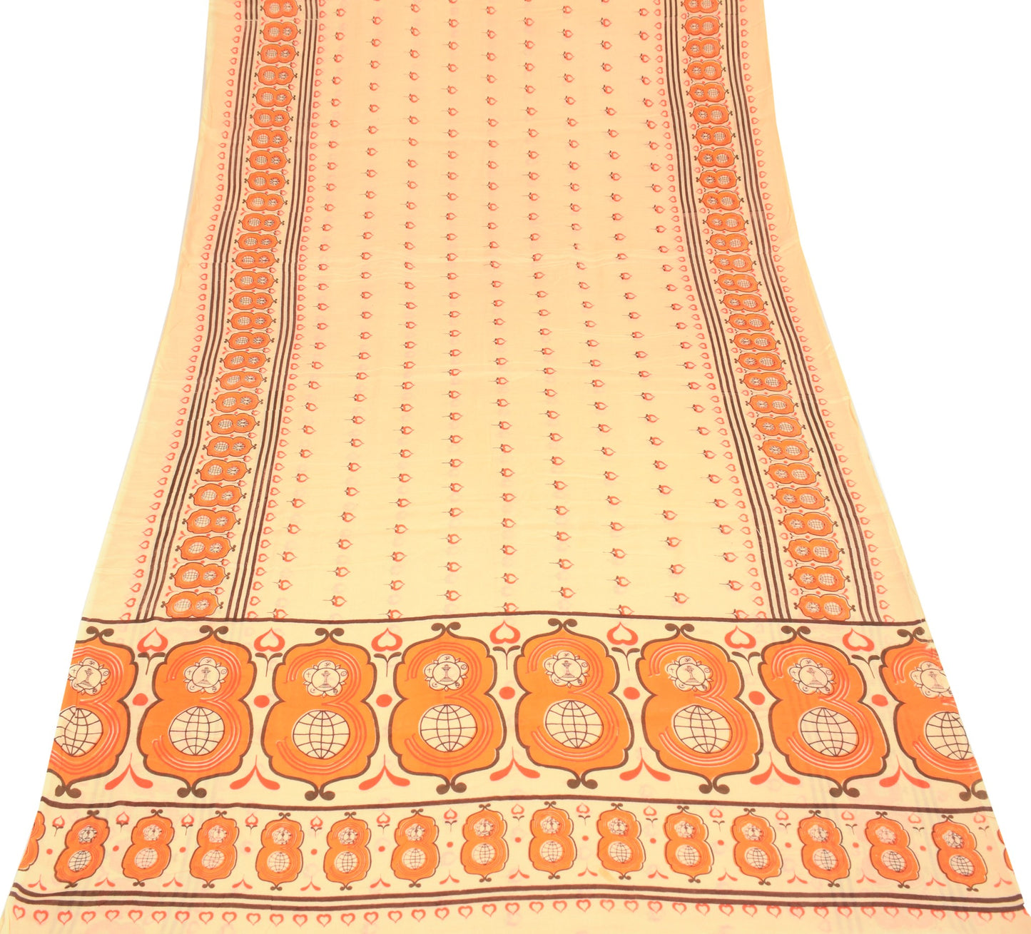 Sushila Vintage Peach Scrap Saree Pure Cotton Printed Soft Sari Remnant Fabric