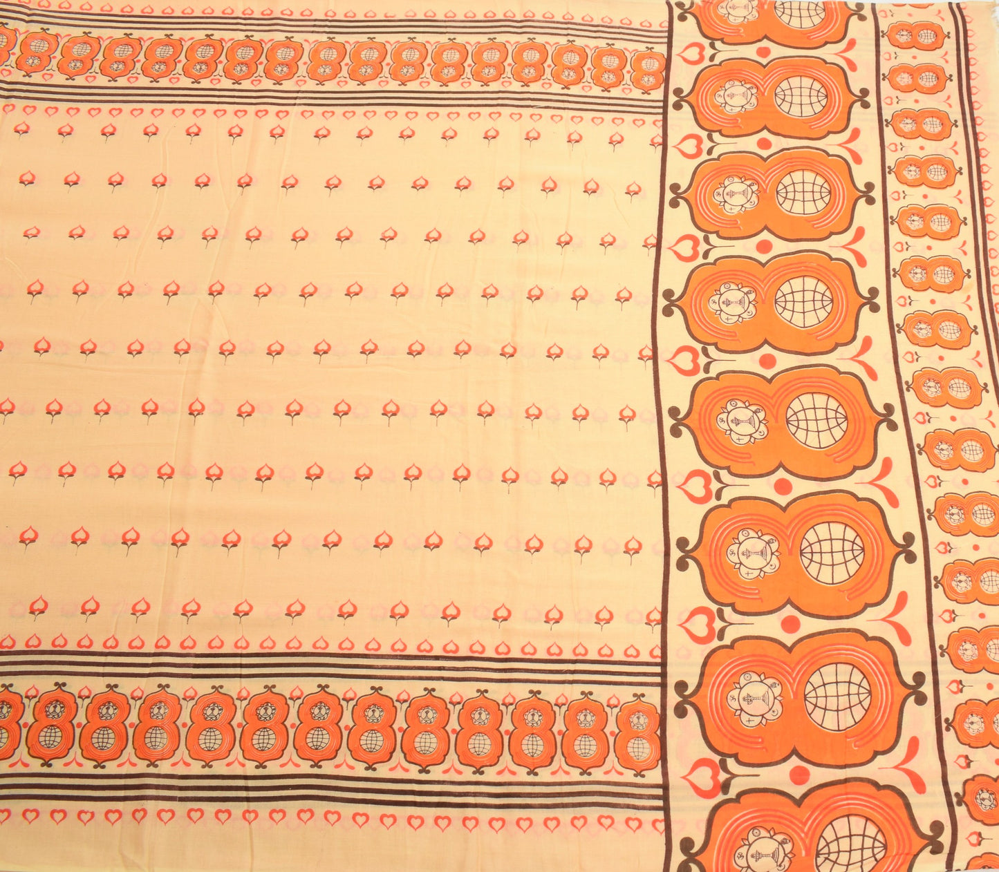 Sushila Vintage Peach Scrap Saree Pure Cotton Printed Soft Sari Remnant Fabric