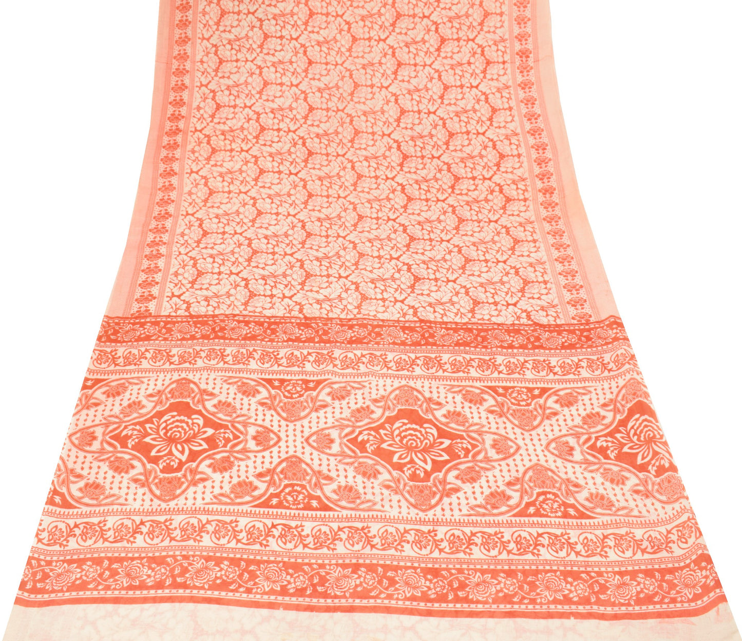 Sushila Vintage Scrap Saree Orange Floral Pure Cotton Printed Sari Craft Fabric