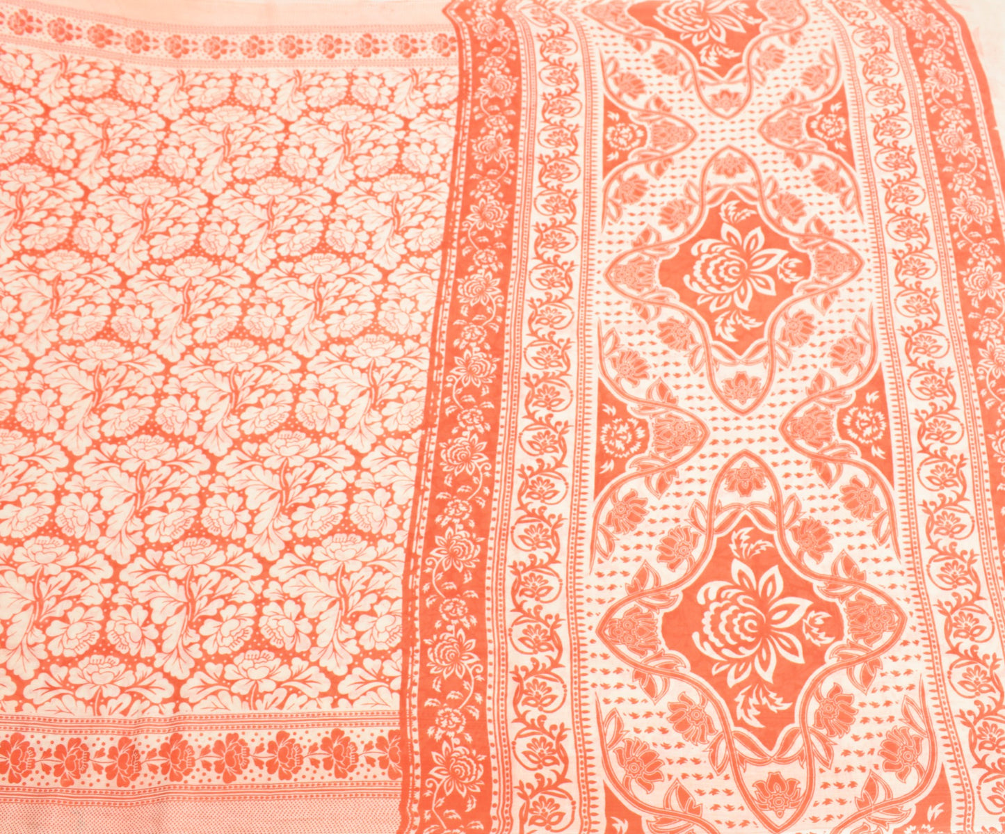 Sushila Vintage Scrap Saree Orange Floral Pure Cotton Printed Sari Craft Fabric