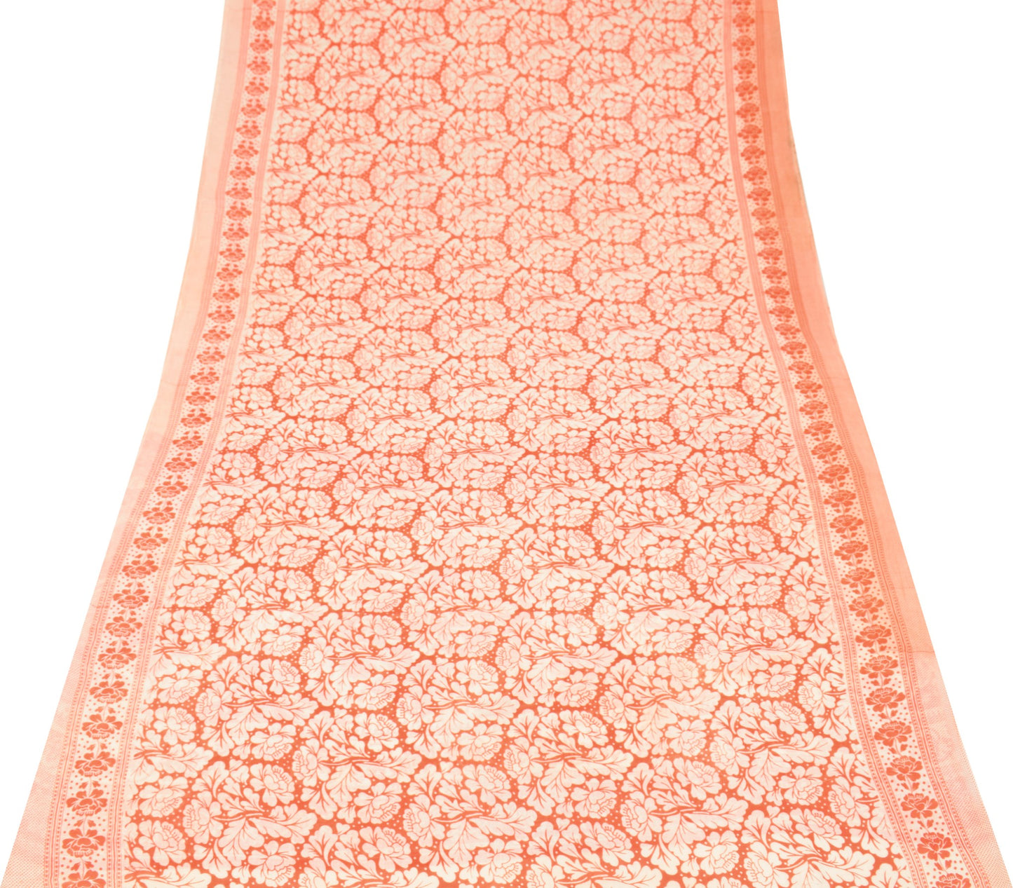 Sushila Vintage Scrap Saree Orange Floral Pure Cotton Printed Sari Craft Fabric