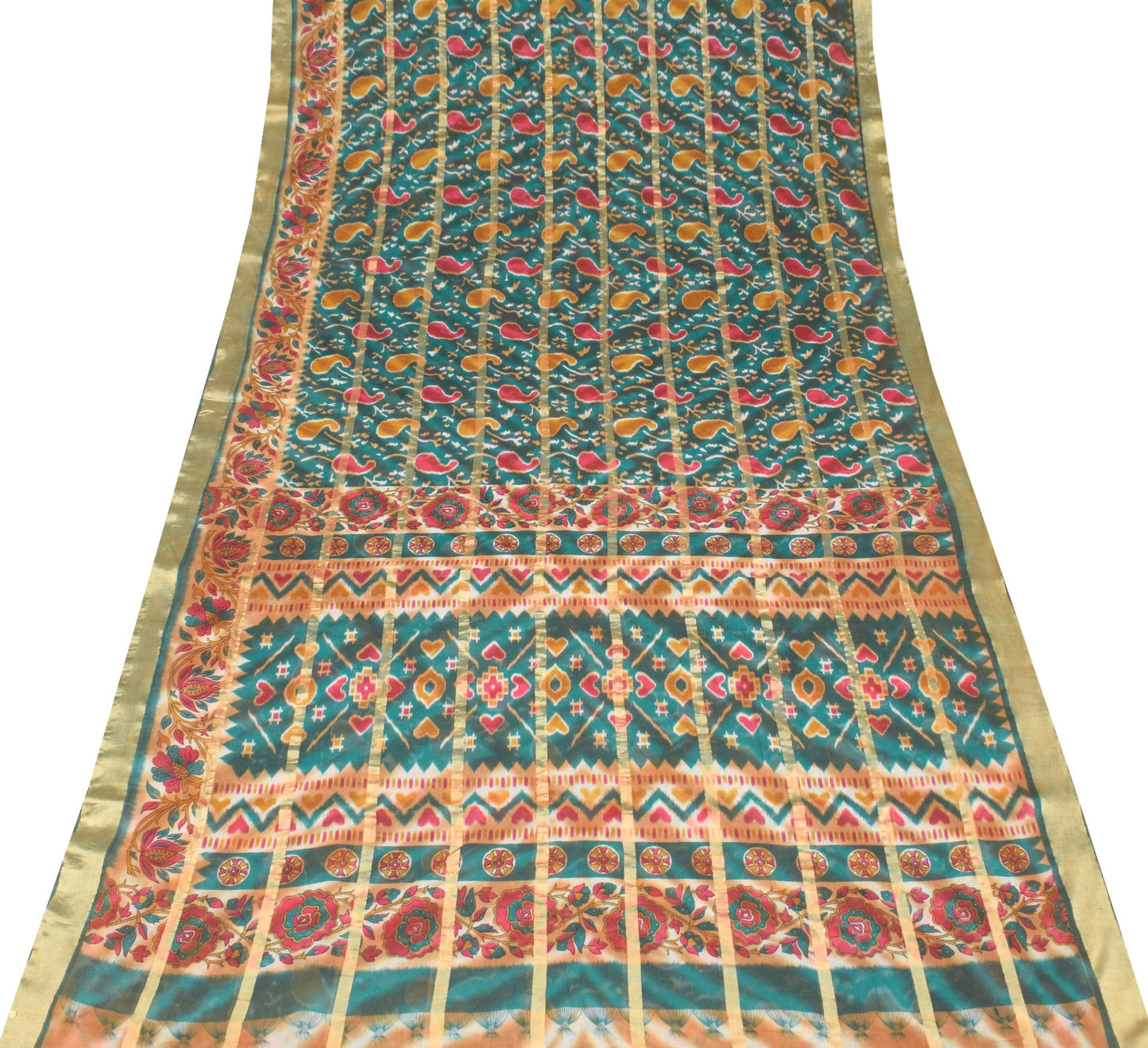 Sushila Vintage Teal Green Scrap Saree Pure Cotton Printed & Woven Sari Fabric