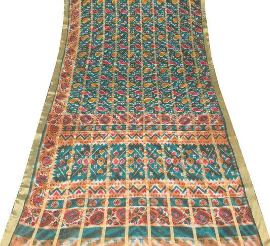 Sushila Vintage Teal Green Scrap Saree Pure Cotton Printed & Woven Sari Fabric