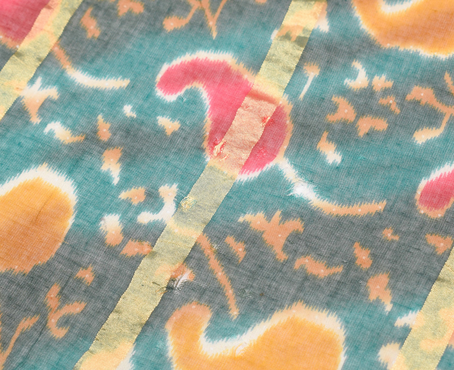 Sushila Vintage Teal Green Scrap Saree Pure Cotton Printed & Woven Sari Fabric