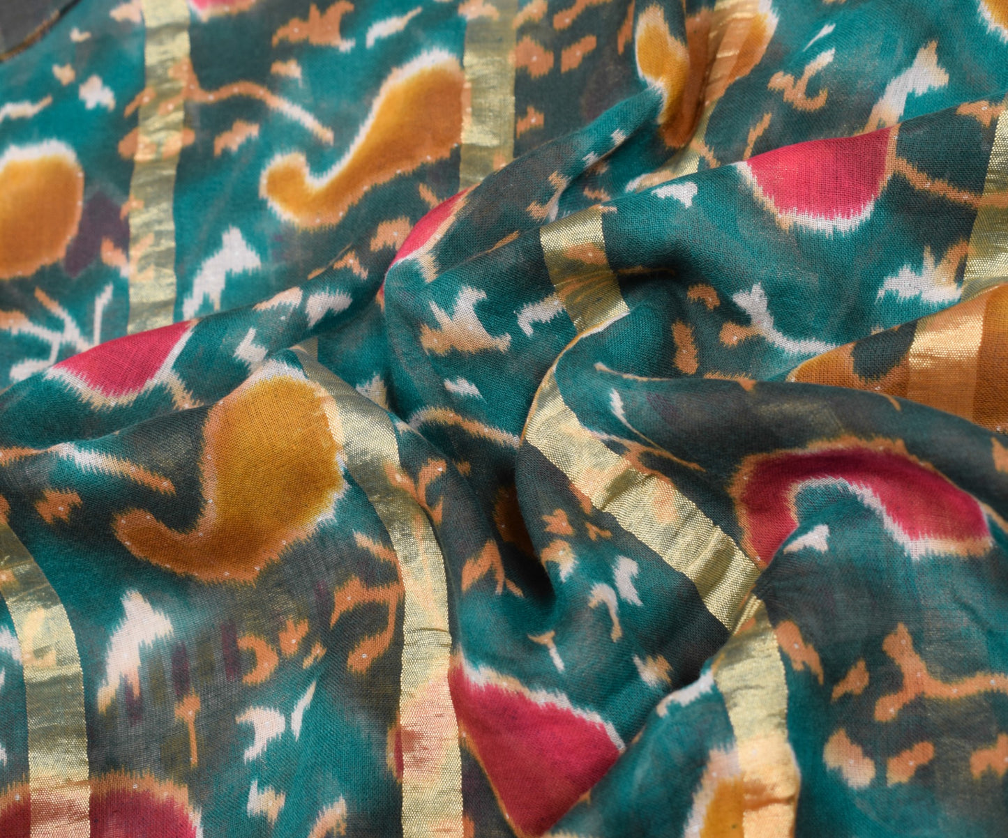 Sushila Vintage Teal Green Scrap Saree Pure Cotton Printed & Woven Sari Fabric