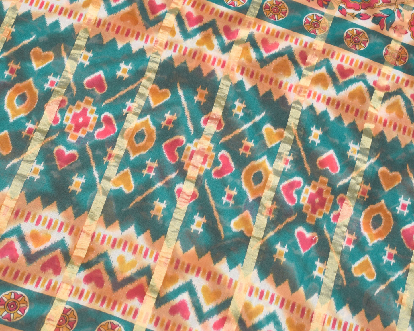 Sushila Vintage Teal Green Scrap Saree Pure Cotton Printed & Woven Sari Fabric