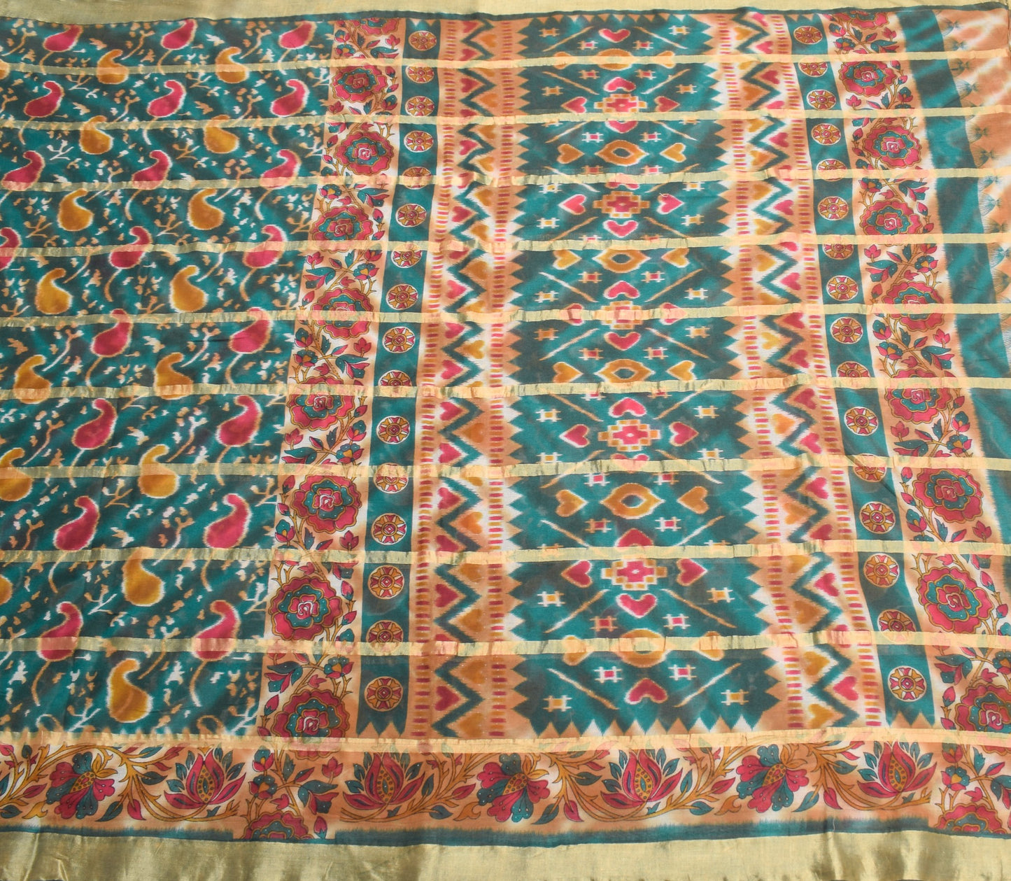Sushila Vintage Teal Green Scrap Saree Pure Cotton Printed & Woven Sari Fabric