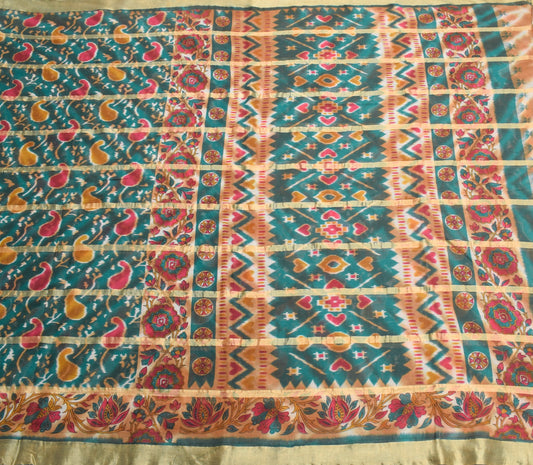 Sushila Vintage Teal Green Scrap Saree Pure Cotton Printed & Woven Sari Fabric