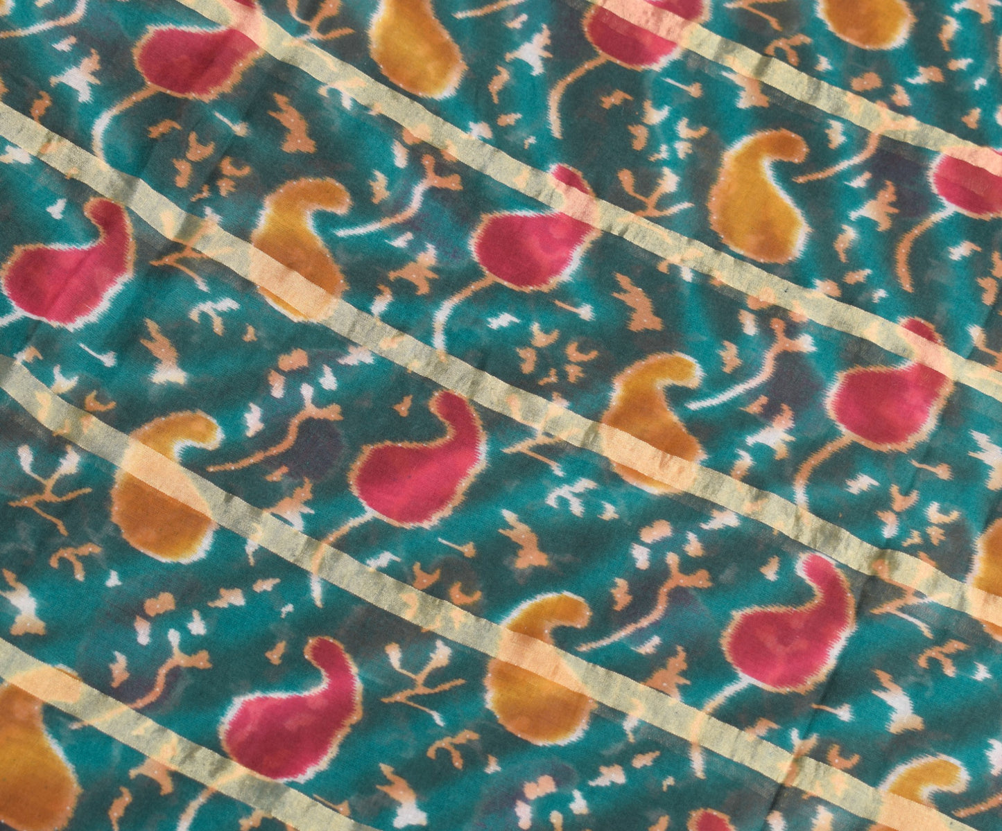 Sushila Vintage Teal Green Scrap Saree Pure Cotton Printed & Woven Sari Fabric
