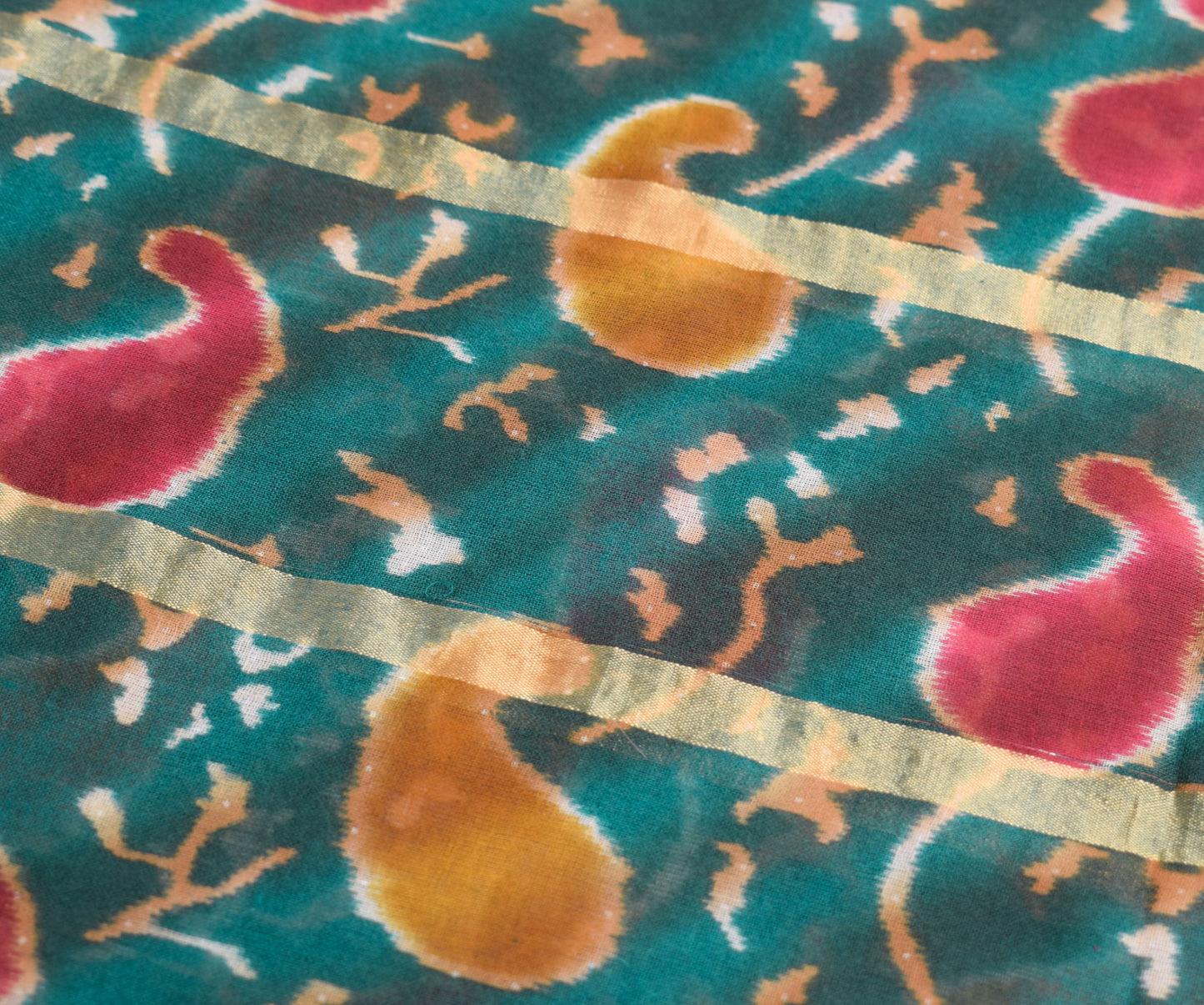 Sushila Vintage Teal Green Scrap Saree Pure Cotton Printed & Woven Sari Fabric