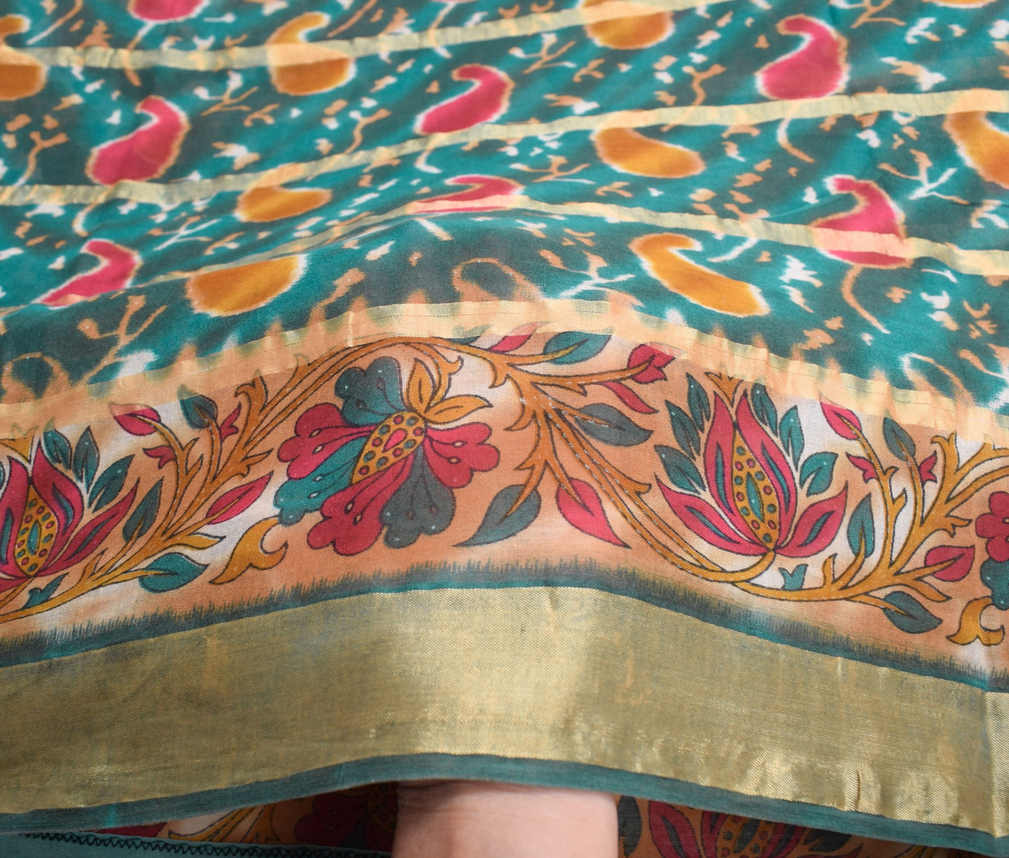 Sushila Vintage Teal Green Scrap Saree Pure Cotton Printed & Woven Sari Fabric