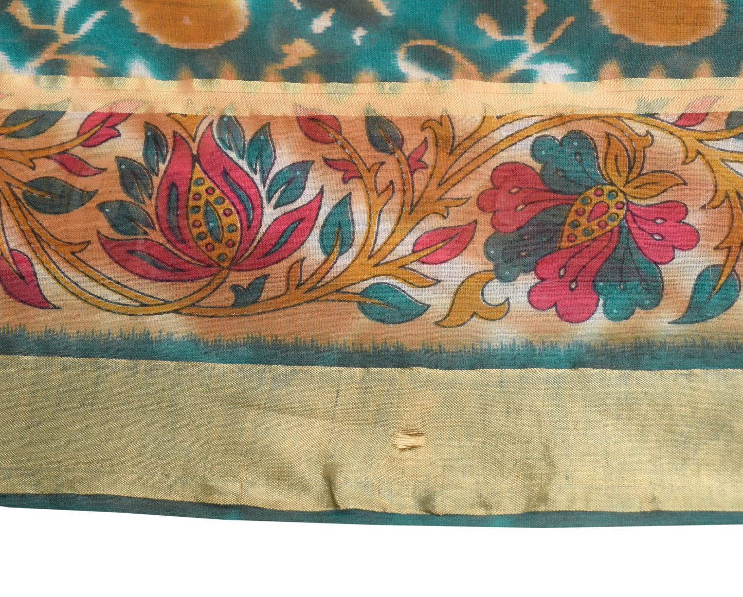Sushila Vintage Teal Green Scrap Saree Pure Cotton Printed & Woven Sari Fabric