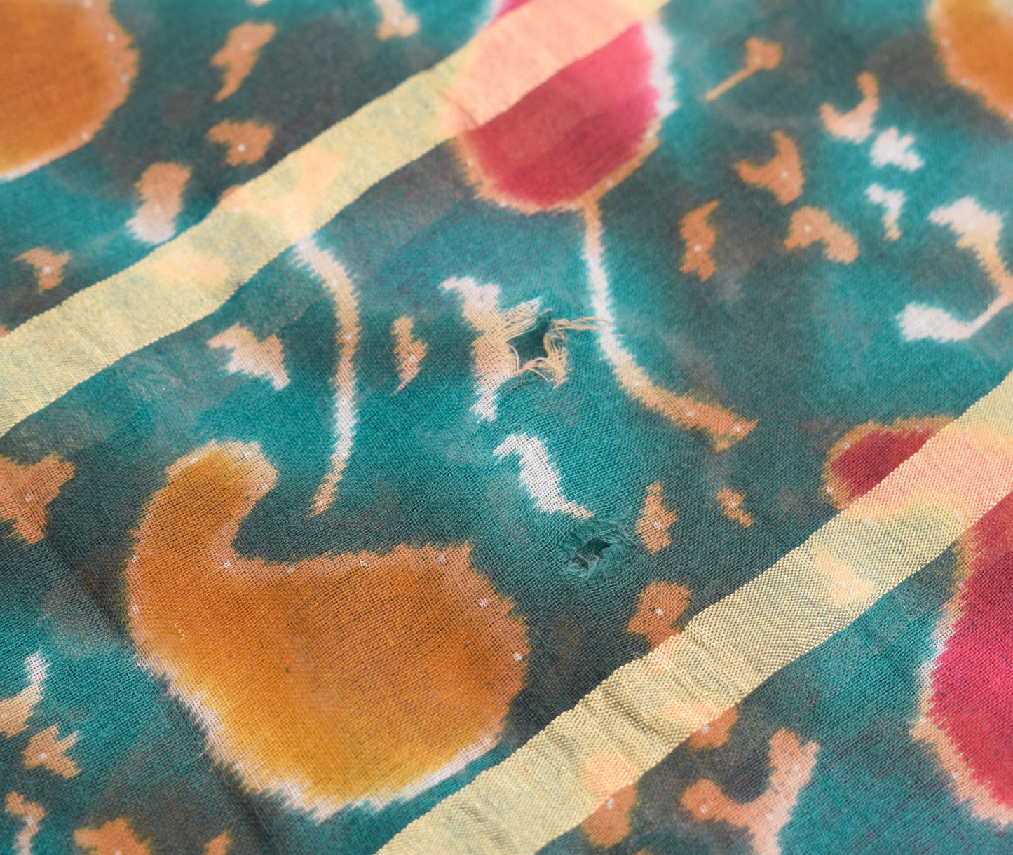 Sushila Vintage Teal Green Scrap Saree Pure Cotton Printed & Woven Sari Fabric