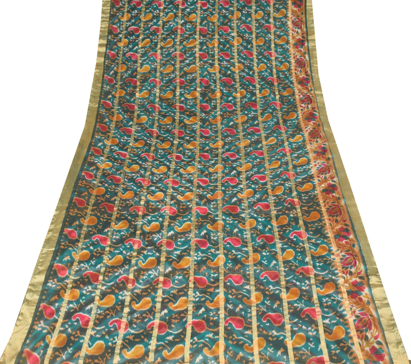Sushila Vintage Teal Green Scrap Saree Pure Cotton Printed & Woven Sari Fabric