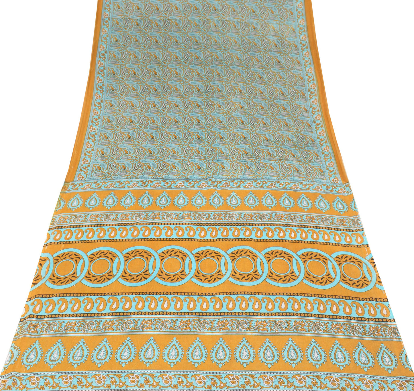 Sushila Vintage Mustard Scrap Saree PureCotton Printed Paisley Sari Craft Fabric
