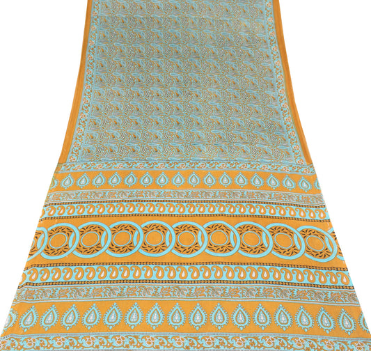 Sushila Vintage Mustard Scrap Saree PureCotton Printed Paisley Sari Craft Fabric