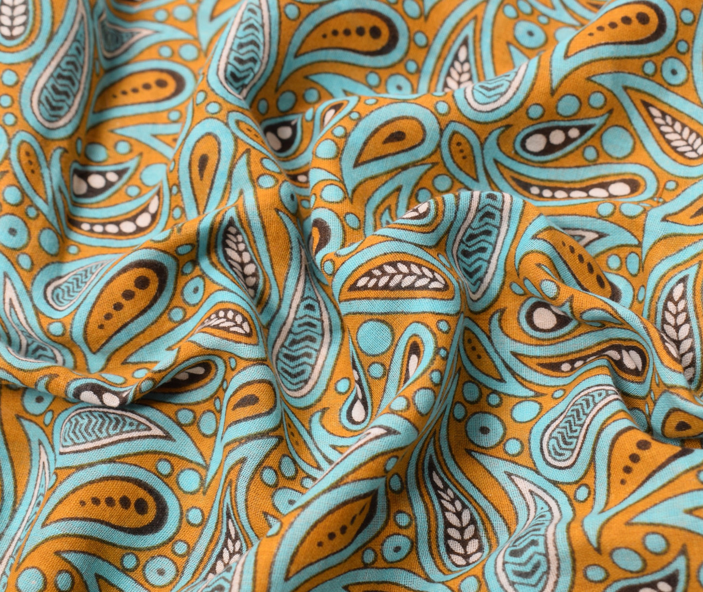 Sushila Vintage Mustard Scrap Saree PureCotton Printed Paisley Sari Craft Fabric