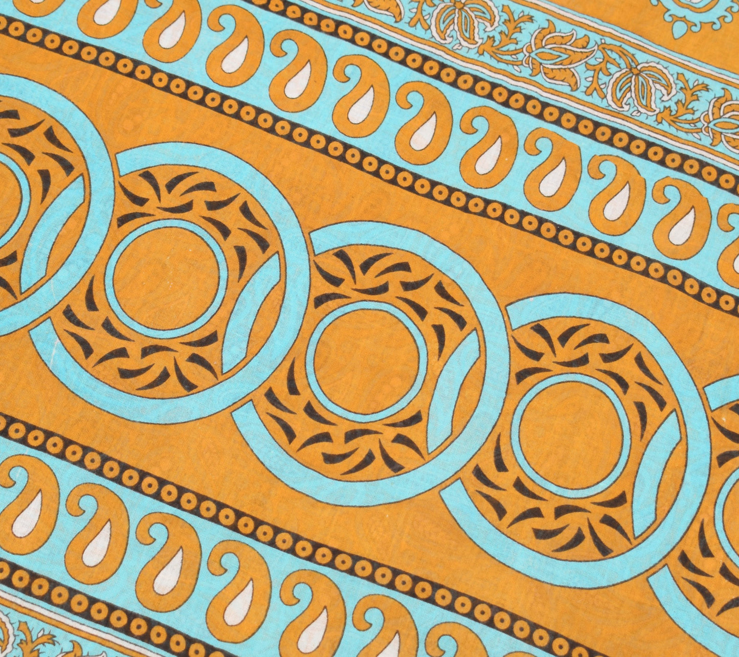 Sushila Vintage Mustard Scrap Saree PureCotton Printed Paisley Sari Craft Fabric