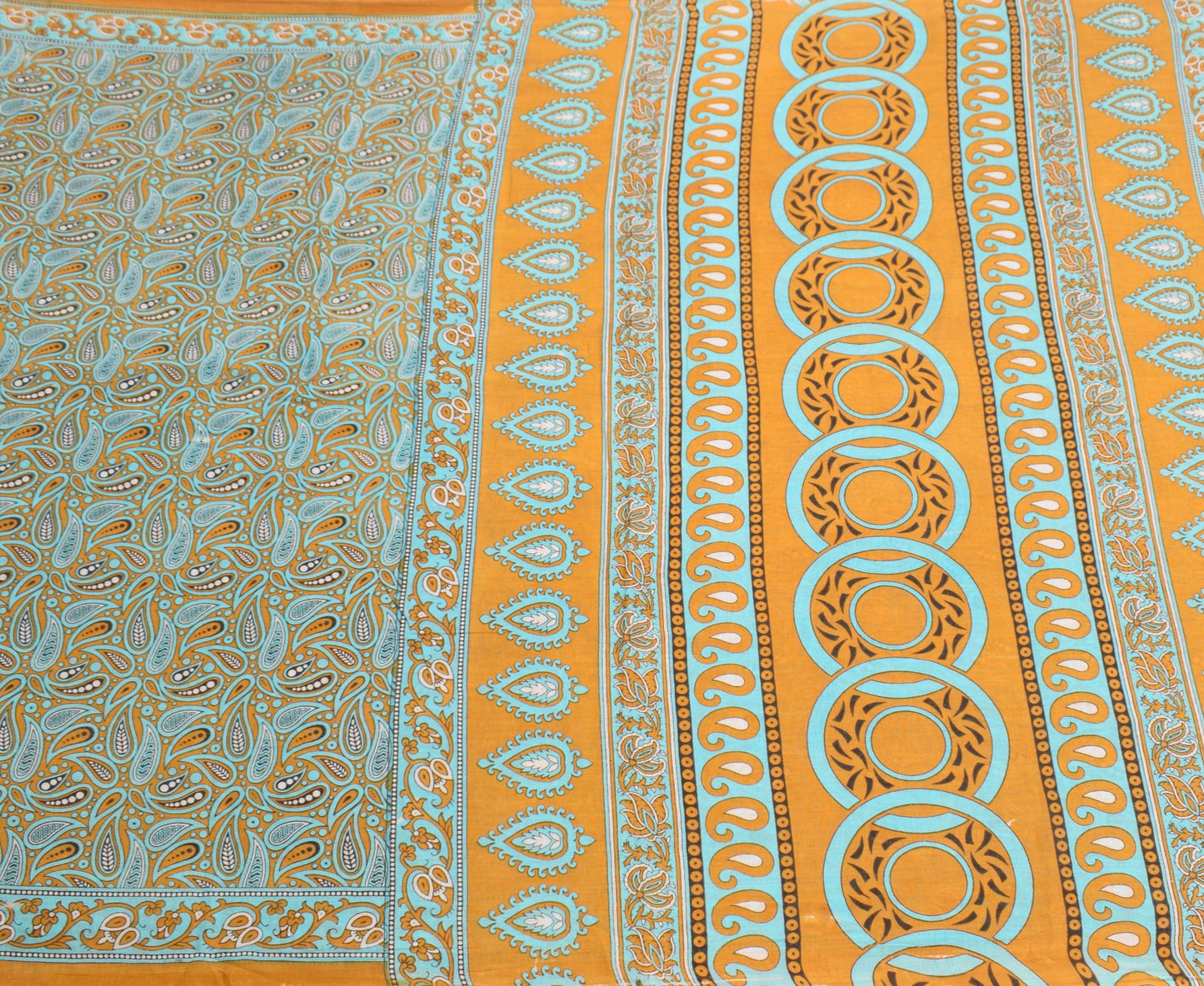 Sushila Vintage Mustard Scrap Saree PureCotton Printed Paisley Sari Craft Fabric