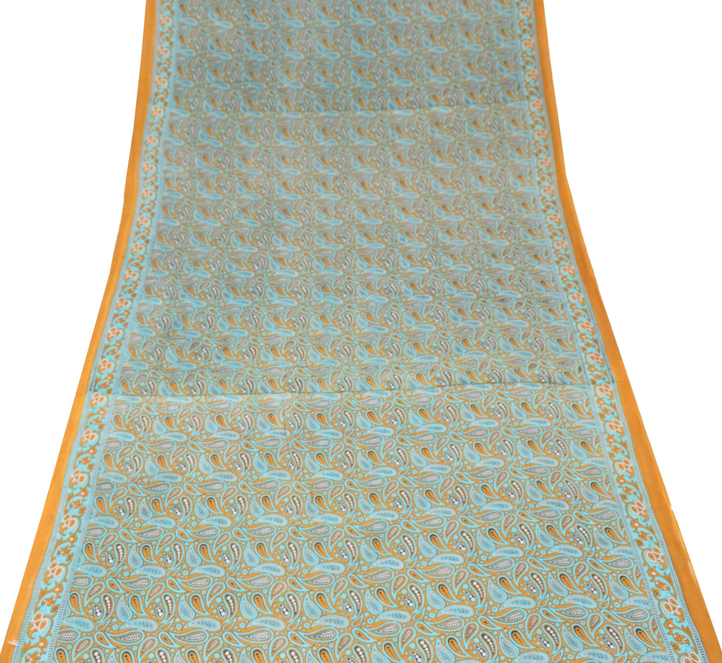 Sushila Vintage Mustard Scrap Saree PureCotton Printed Paisley Sari Craft Fabric