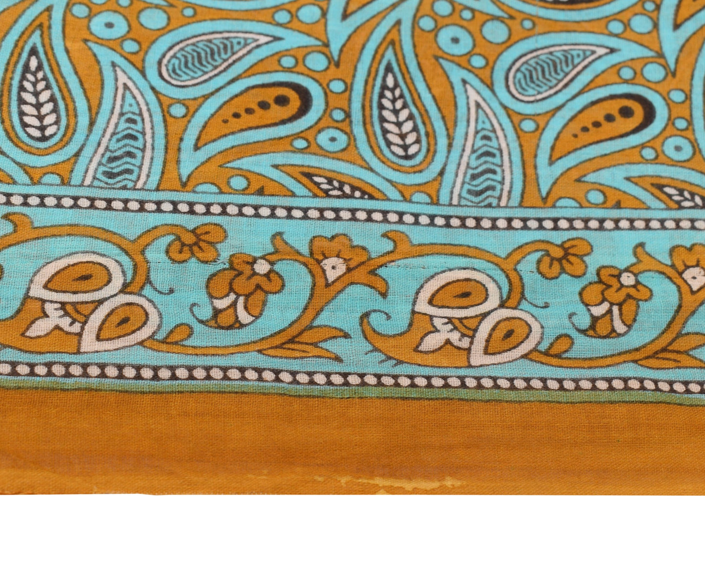 Sushila Vintage Mustard Scrap Saree PureCotton Printed Paisley Sari Craft Fabric