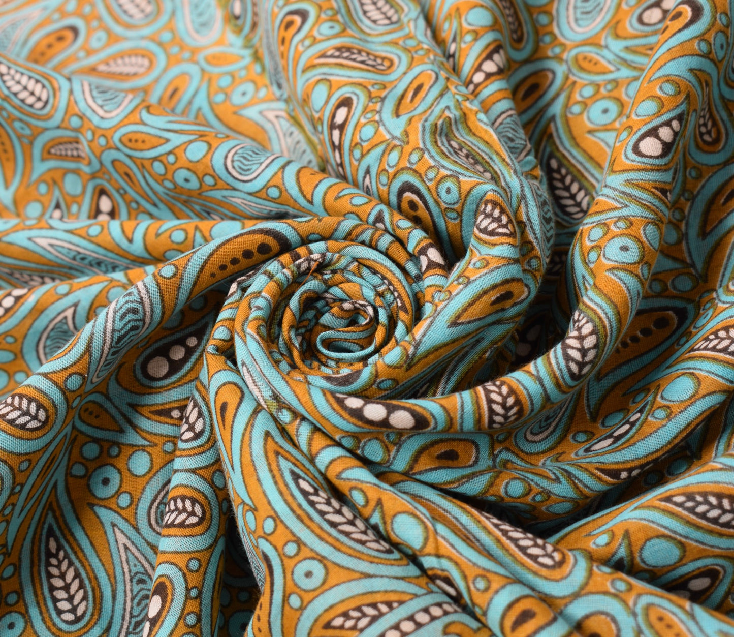 Sushila Vintage Mustard Scrap Saree PureCotton Printed Paisley Sari Craft Fabric