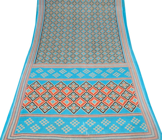 Sushila Vintage Turquoise Blue Scrap Saree Pure Cotton Printed Sari Craft Fabric
