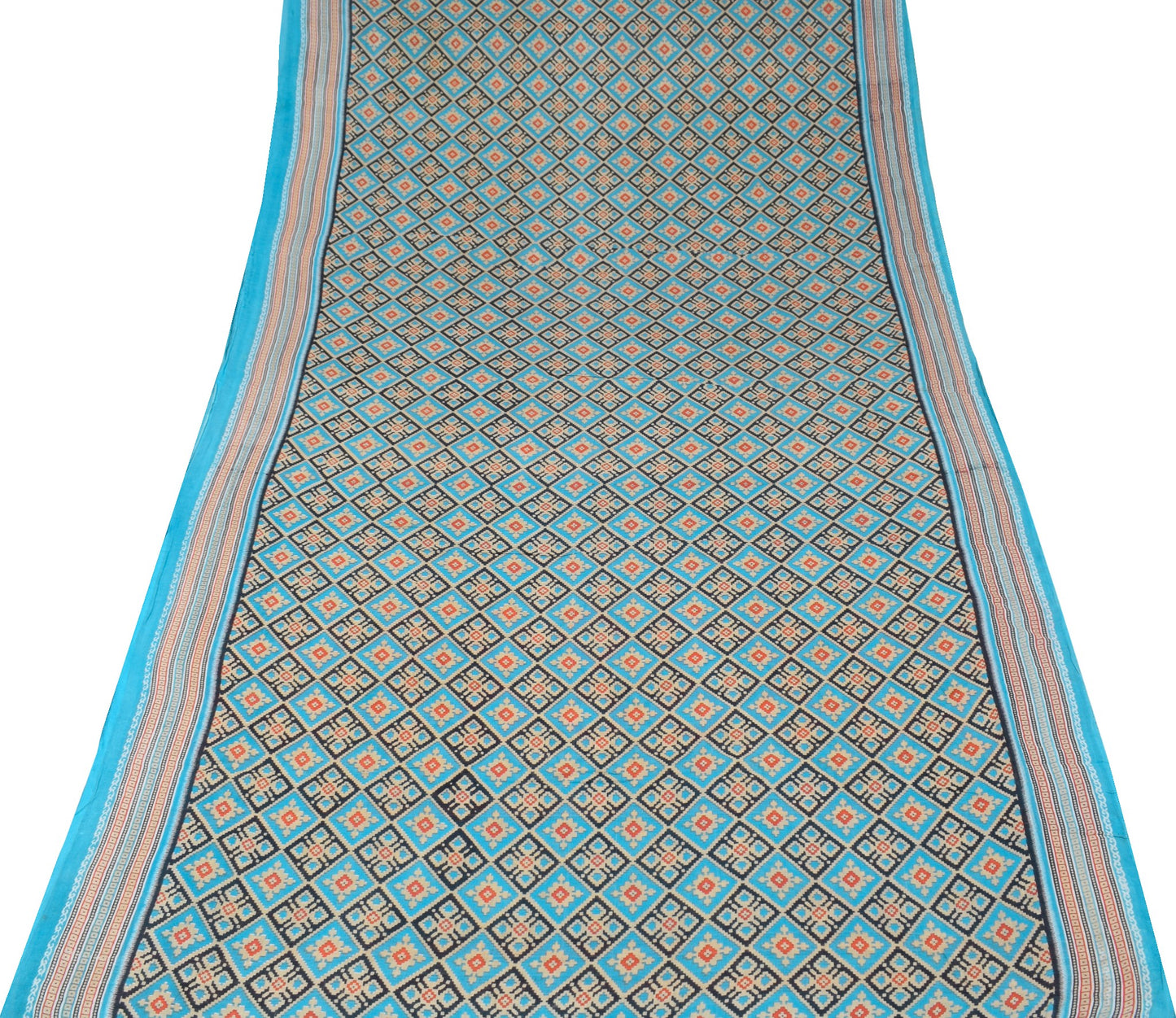 Sushila Vintage Turquoise Blue Scrap Saree Pure Cotton Printed Sari Craft Fabric