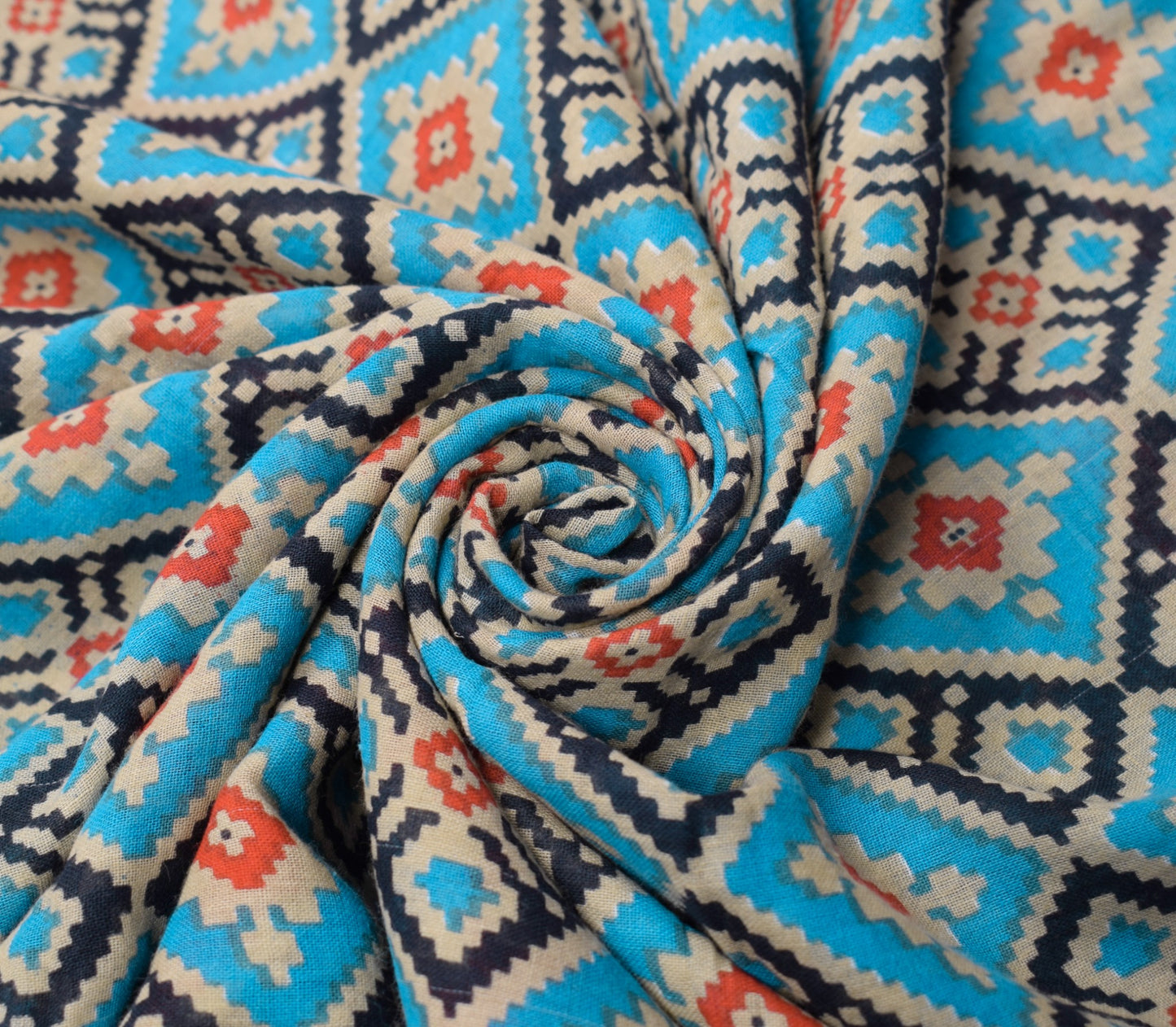 Sushila Vintage Turquoise Blue Scrap Saree Pure Cotton Printed Sari Craft Fabric